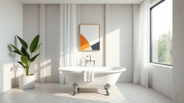 Modern bathroom featuring a clawfoot tub with white curtains.
