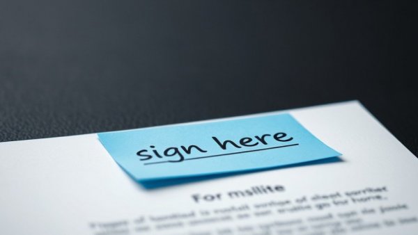 Document with 'sign here' note, highlighting questions to ask kitchen fitter.