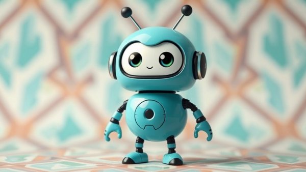 Cartoon teal robot with geometric background