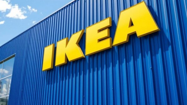 Bold yellow IKEA sign on a blue building exterior.