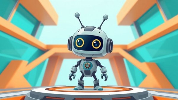 Quirky cartoon robot on futuristic platform