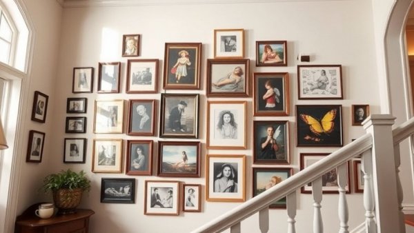 Artfully arranged gallery wall in staircase showcasing framed wall art