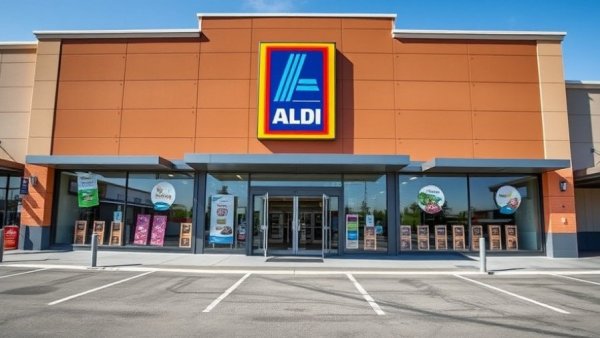Aldi store exterior with bright signage and spacious entrance