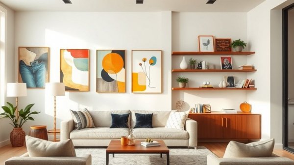 Living room with unique handmade gifts, art-adorned walls, and a cozy feel.