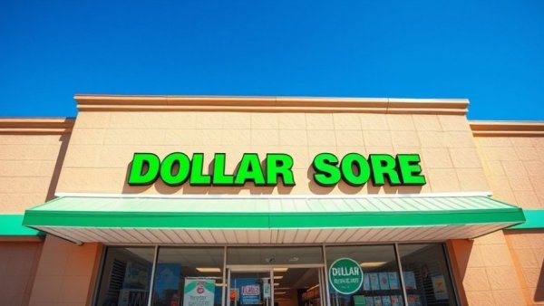 Exterior of a bright dollar store under clear blue sky.