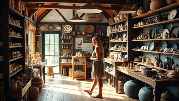 Woman exploring vibrant artisan shop, rustic decor, True Crime Podcast setting.