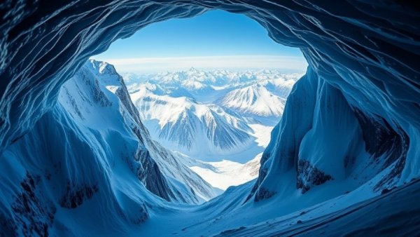 Dramatic ice cave view overlooking snowy mountains, highlighting glacier melt seismic activity.