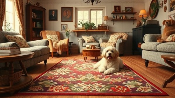 Vintage-inspired washable rug in cozy room with dog and bag.