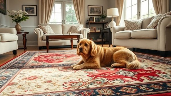 Washable vintage-inspired rug in a cozy living room setting.