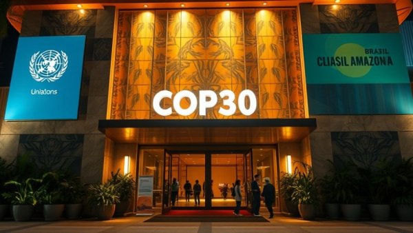 COP30 Climate Summit entrance at night with vibrant lighting.