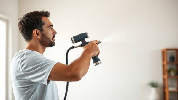 Man demonstrating decorative wall painting techniques with spray equipment.