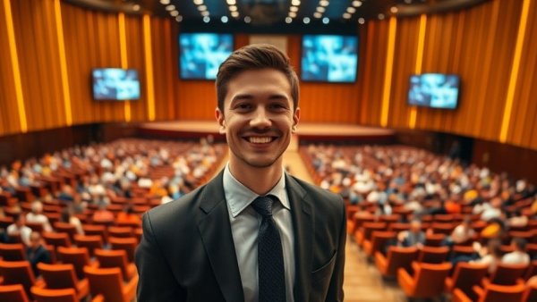 Confident young man in an assembly hall during COP30 climate discussion