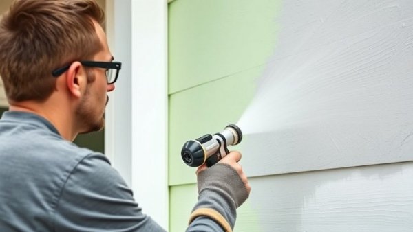 Man painting exterior wall with a sprayer, showing common painting technique mistakes.