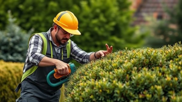 Focused landscaper trimming bushes, showcasing productivity is profitability.
