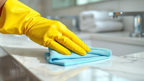 Person cleaning marble surface with blue cloth and yellow gloves, how to clean marble surfaces safely.