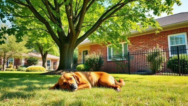 2026 backyarding trends: Dog in lush, manicured garden with brick house.