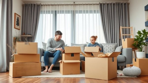 Family packing to protect furniture during moving in a cozy living room