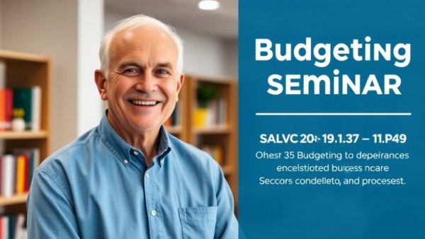 Budgeting seminar for home service businesses event poster, smiling man in office.