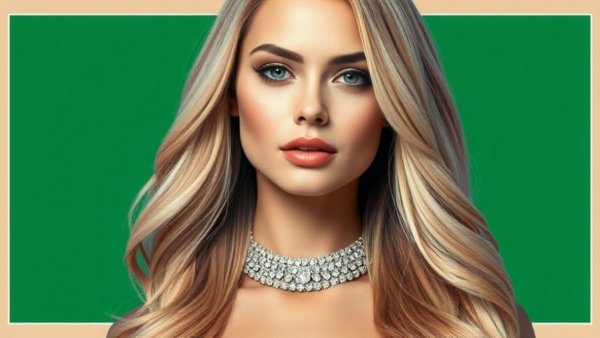 Elegant woman with blonde hair and necklace on green background