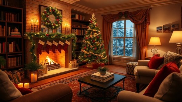 Cozy Christmas setup with a hot chocolate bar idea in a festive living room.