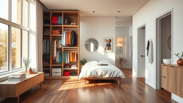 Minimalist bedroom highlighting No-Buy Year Benefits with organized closet.