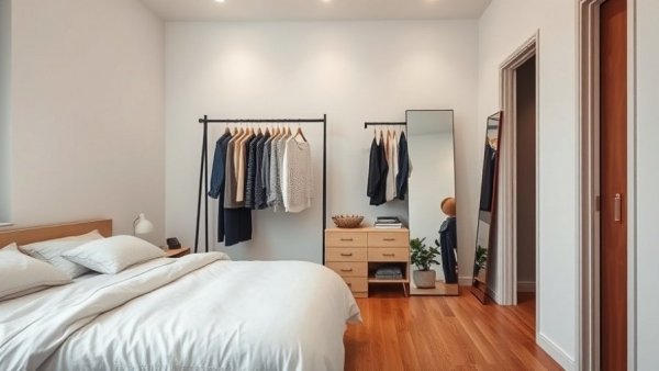 Minimalist bedroom with organized clothes for no-buy year decluttering.