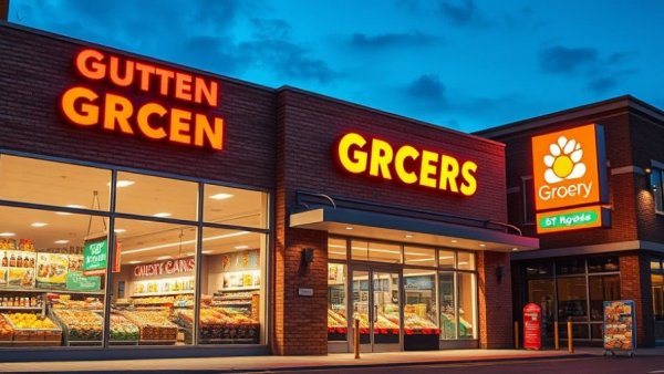 Modern grocery store at night with vibrant lighting and signage.