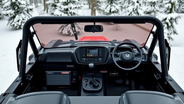 Interior of 2026 Honda Pioneer 700 UTV in snowy landscape.