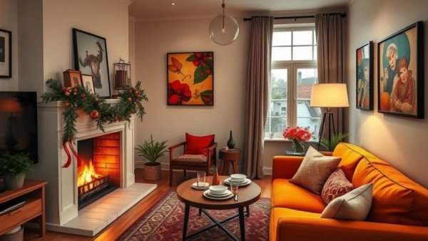 Holiday decor inspiration for small apartments, cozy living room.