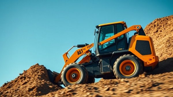 Compact wheel loader moving soil under clear sky.