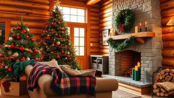 Cozy room with affordable tartan Christmas decor, warm ambiance.