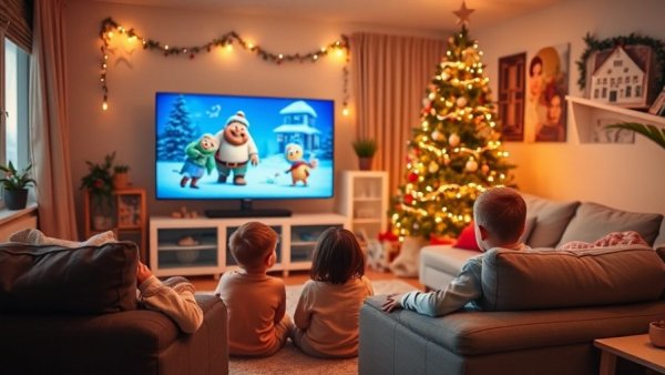 Cozy living room with children watching TV and Christmas decor