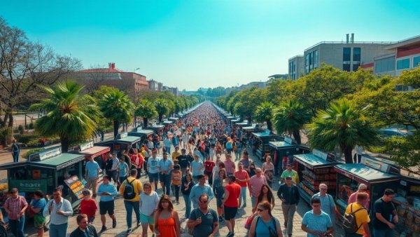 Aerial view of lively outdoor event at Equip Exposition 2026, featuring crowds and stalls.