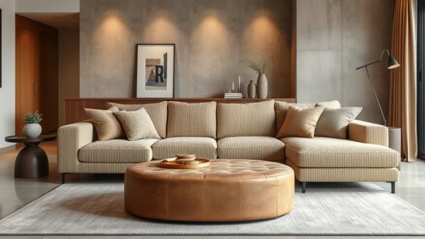 Modern living room showcasing 2025 design trends with earthy tones.