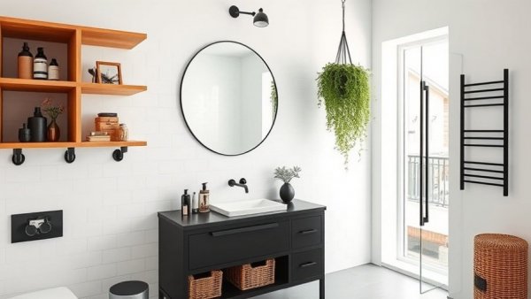 Modern bathroom with smart storage solutions and elegant decor.