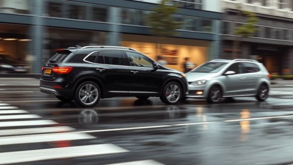 Cars in motion on wet city street, highlighting traffic scene.