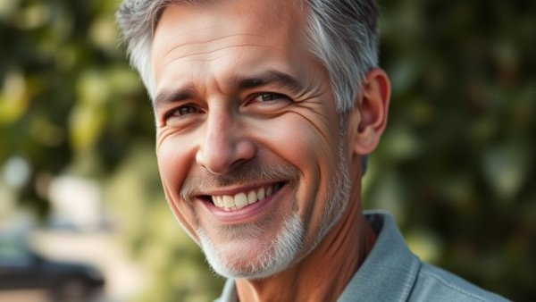 Headshot of professional man smiling in garden setting.