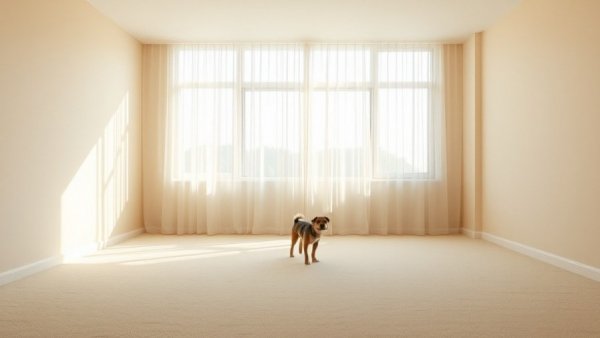 Minimalist empty living room with beige walls and a dog.