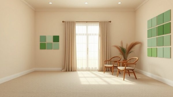 Empty beige room with green samples on wall.