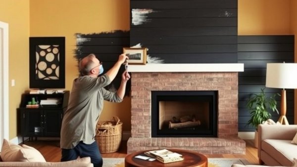 DIY painter painting black shiplap fireplace in modern living room.