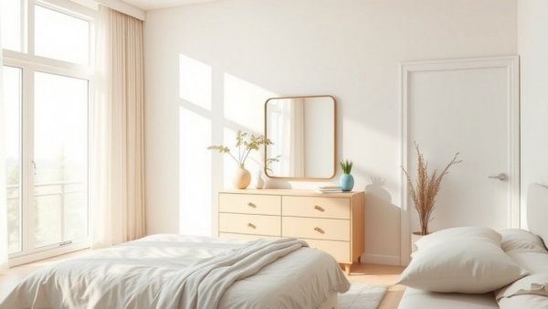 Bedroom with strategic mirror placement in open plan, enhancing space.