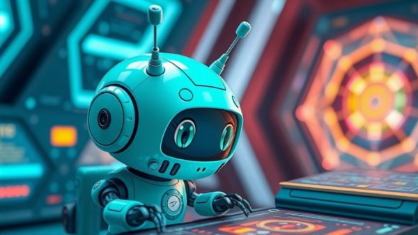 Cute teal robot exploring digital features, futuristic design.