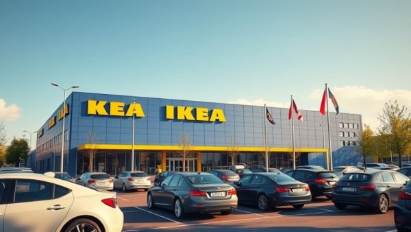 IKEA store exterior with parked cars on a sunny day.