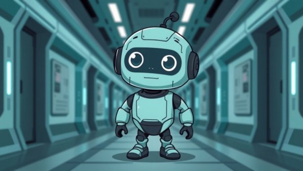 Teal cartoon robot in a futuristic hallway observing surroundings.