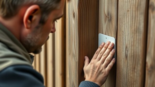 Man inspecting wood post protector against rot, close-up shot.
