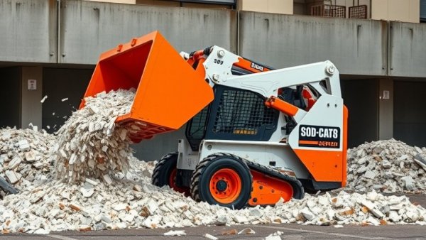 Skid steer with 80-inch severe-duty bucket unloading rubble at a construction site.