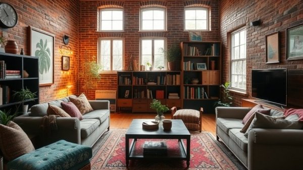 Cozy living room with shelving and storage solutions, brick wall.