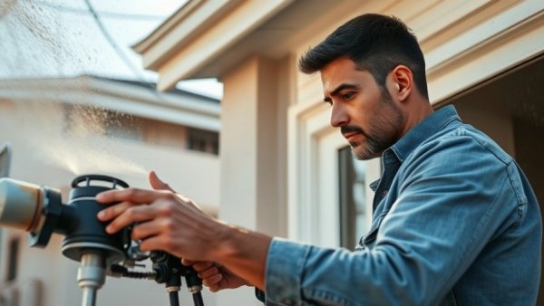 Painter demonstrating airless paint sprayer techniques on wall.