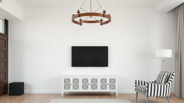 Minimalist living room with flat screen TV and simple wall decor.