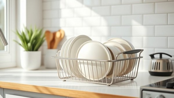 Organized kitchen counter with a dish rack illustrating the 1% Rule for Home Maintenance.